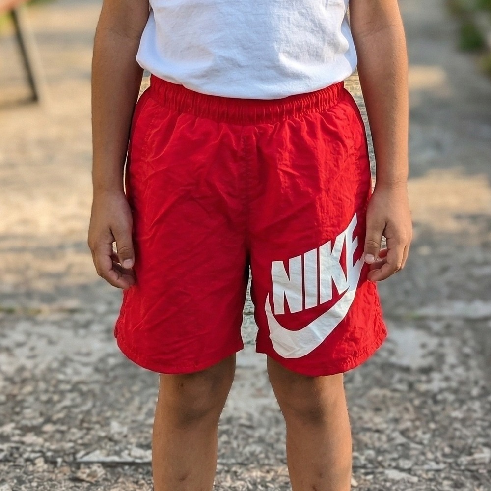 Nike Kids Red Nylon Mesh Lined Athletic‎ Shorts Big Logo Swoosh Sporty